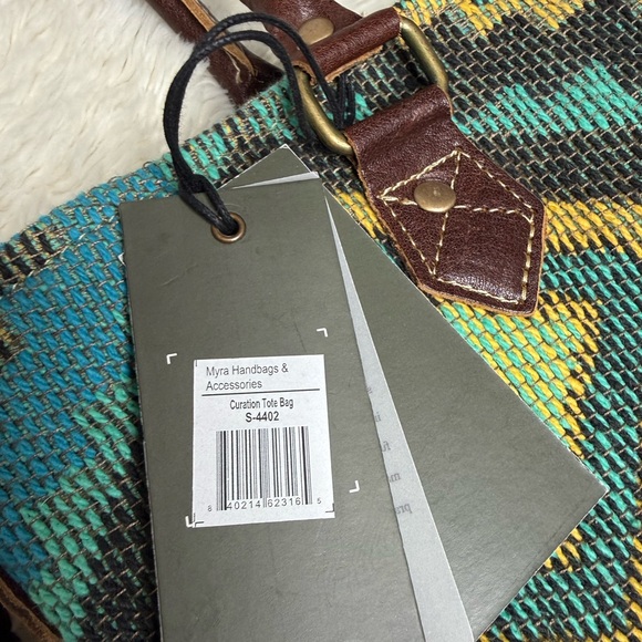 NWT Myra Curation Tote Bag Cotton Leather Turquoise Blue Brown Western Aztec - Picture 5 of 11